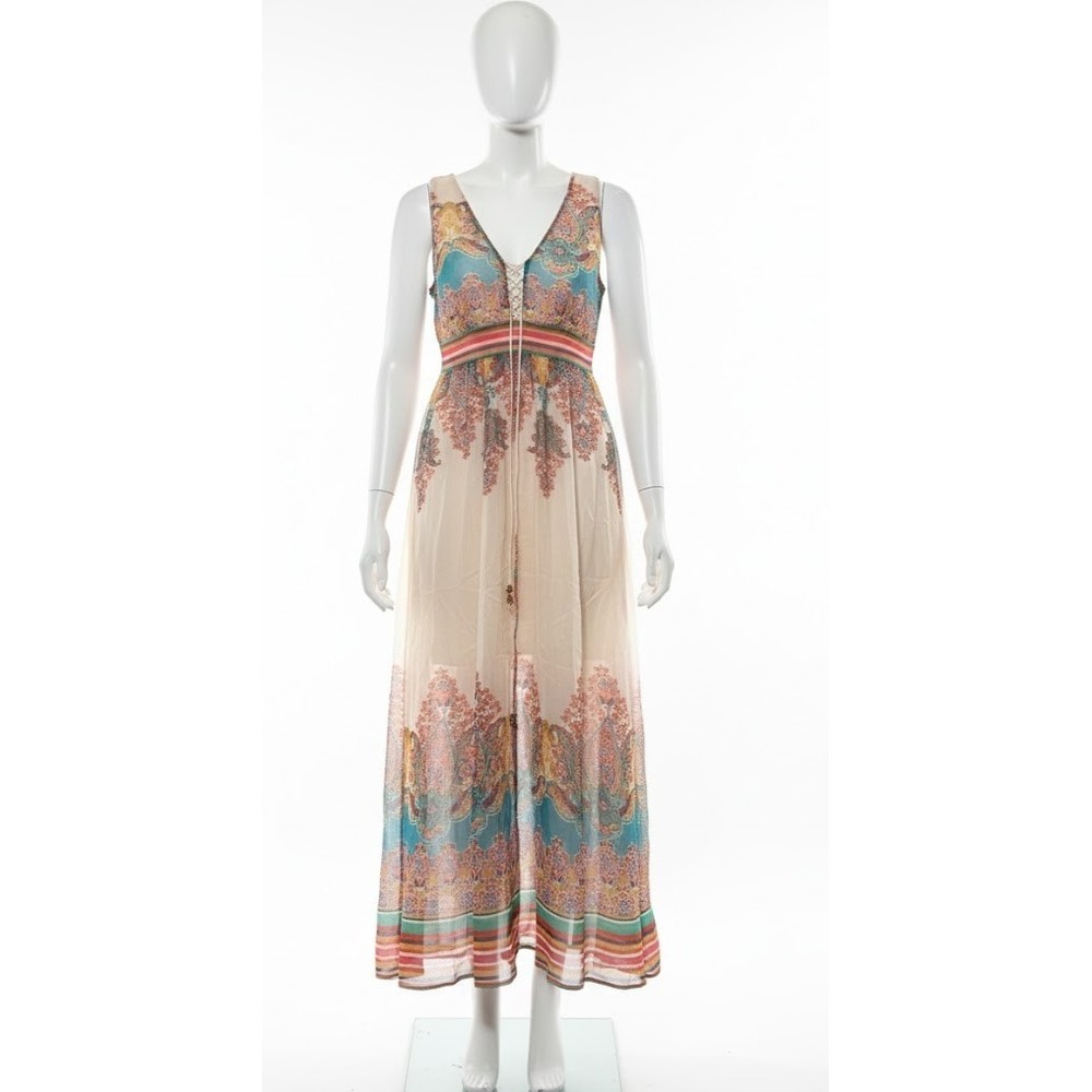 Bohemian Cream Maxi Dress with Multicolor Paisley Print Sz 8